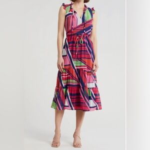 Julia Jordan dress pink geometric stripe print ruffle neck tie waist tiered 2